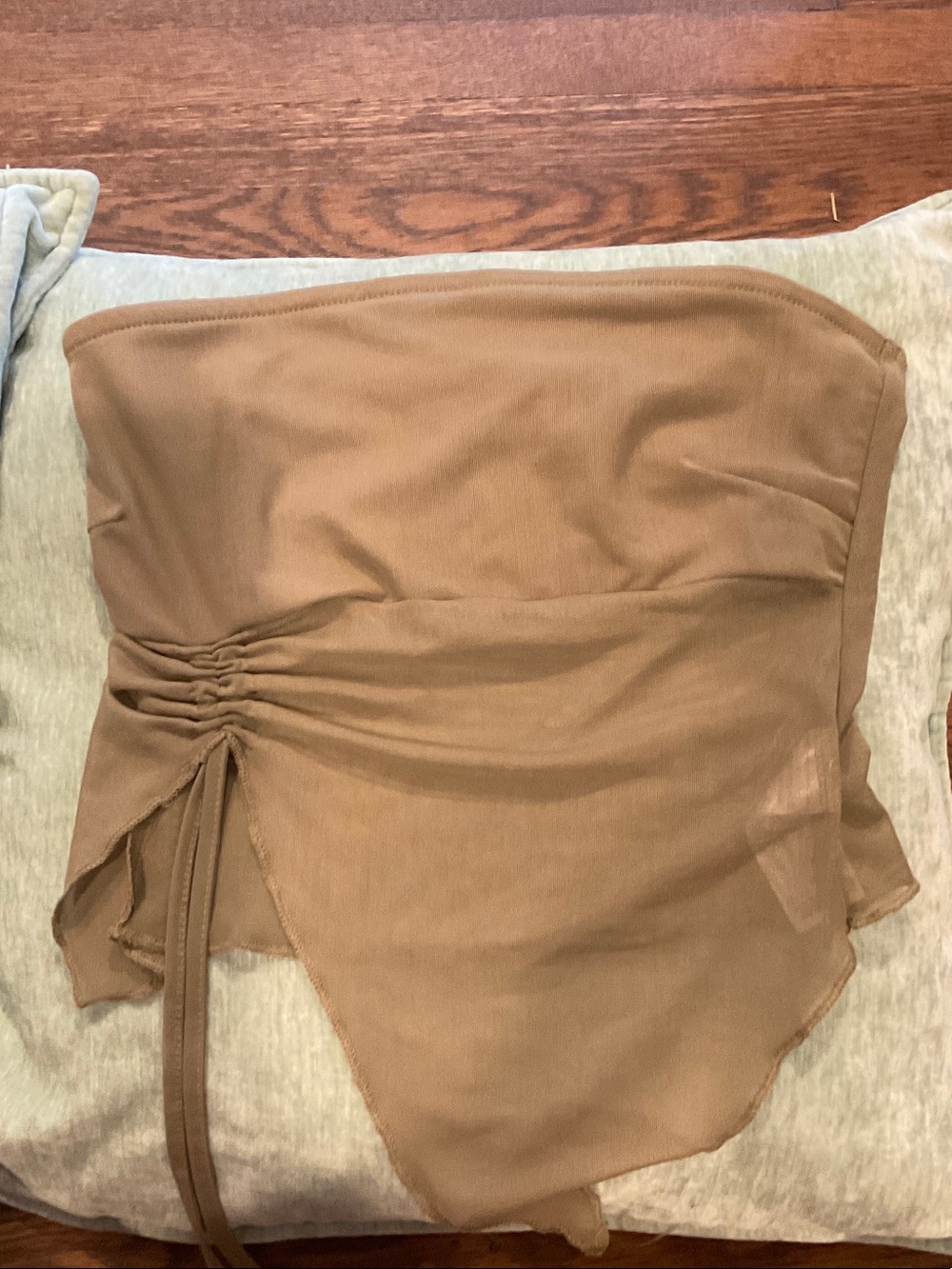Edikted Strapless Ruched Mesh Top in Warm Taupe